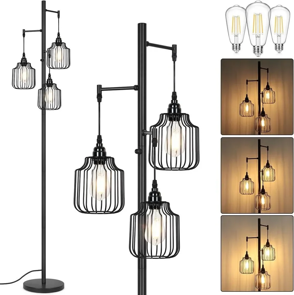 Dimmable Floor Lamp, 3 x 800LM LED Edison Bulbs, Black Tree Pole with Cage